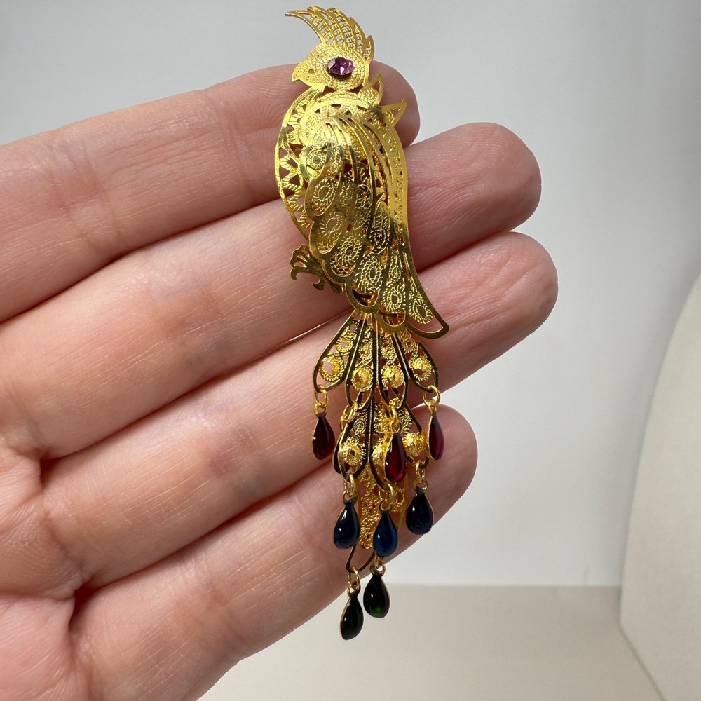 Filigree Bird Brooch Pin Parrot Cockatiel Articulated Gemstone Accents Gold Tone
